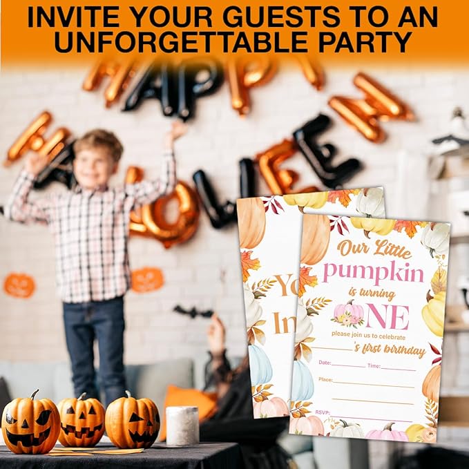 Pumpkins First Birthday Party Invitations for Baby Girl Little Pumpkin 1st Birthday Party Fill in Invites Cards With Envelopes (20 Count), Double Sided Design