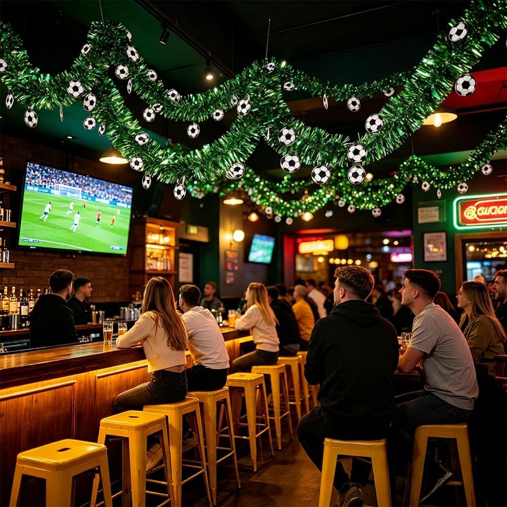 Soccer Tinsel Garland, Soccer Party Decorations, 5 Pack 33FT Football Tinsel Garland, Green Glitter Metallic Tinsel Twist Garlands for Indoor Outdoor Sports Game Day Home Birthday Party Decoration