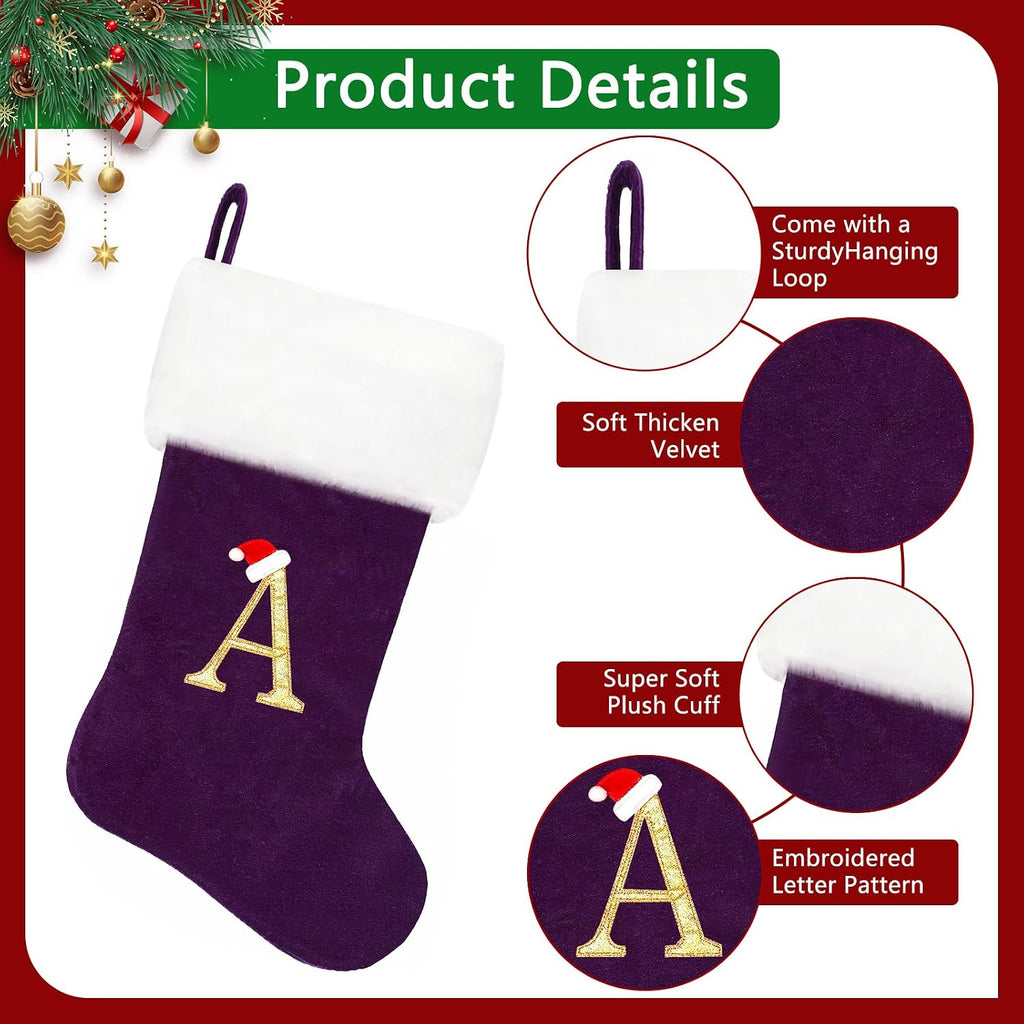 20 Inches Monogram Christmas Stockings, Purple Velvet with White Super Soft Plush Cuff Embroidered Letter Christmas Stocking, Personalized Xmas Stocking for Xmas Tree Holiday Fireplace Family Decor（K）