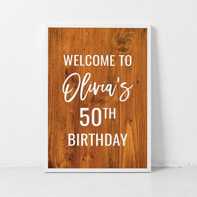 Andaz Press Personalized Extra Large Birthday Easel Board Party Sign, 12x18-inch, Rustic Barn Wood, Welcome to Olivia's 50th Birthday, 1-Pack, Custom Name Age