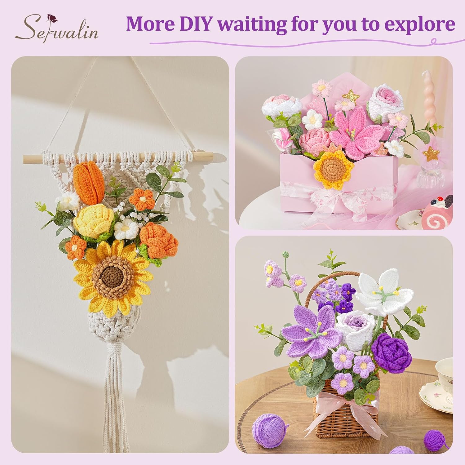 Serwalin Crochet Flower Bouquet, Purple Handmade Knitted Flowers, Liliy Roses Crochet Flowers for Mother's Day Graduation Lover Teacher Anniversary Birthday Gifts, for Girlfriend,Wife(Include Card)