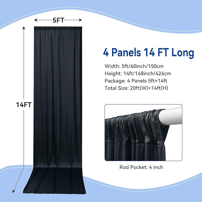 20×14ft Wrinkle Free Black Backdrop Curtain for Parties Wedding, 4 Panels 5×14ft Height Soft Silky Polyester Photo Backdrop Drapes for Birthday Graduation Photography Stage Event Background Cloth