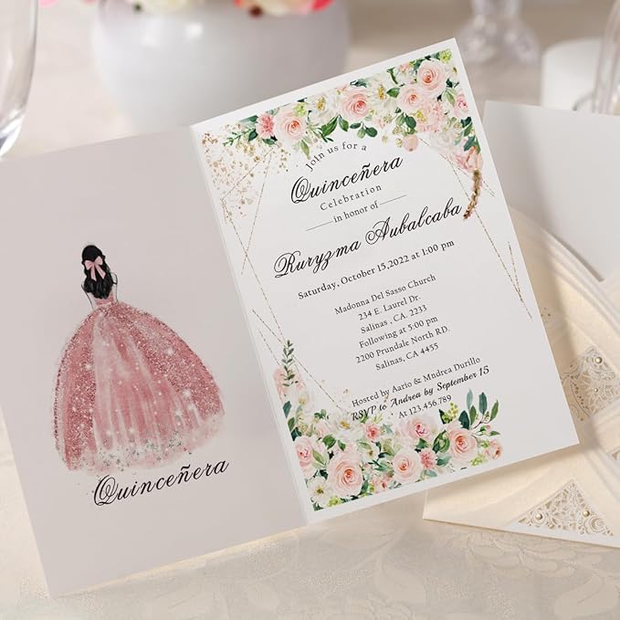 Hosmsua 50PCS Customized Ivory Wedding Invitations Kit 5.12x7.2 Inch Laser Cut Gold Foil Hollow Flora Lace Sleeve Pocket Wedding Quinceanera Invitation with Envelopes
