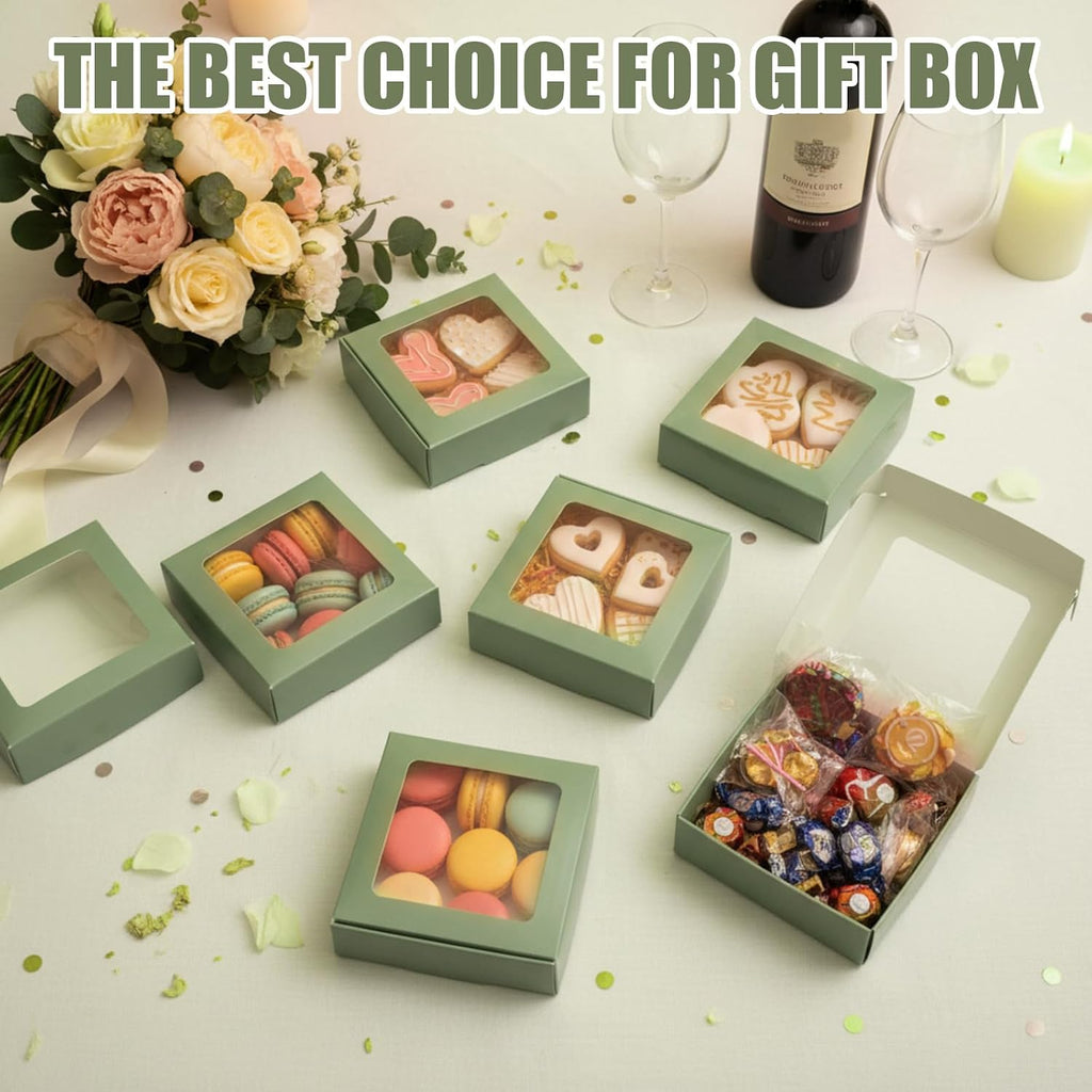 Zonon 30 Pcs Kraft Paper Boxes with Window 4.13 x 4.13 x 1.18 Inch Candy Packaging, Small Gift Boxes, Soap holder, Mini Treat Packaging for Bakery Chocolate Jewelry Display (Sage Green)