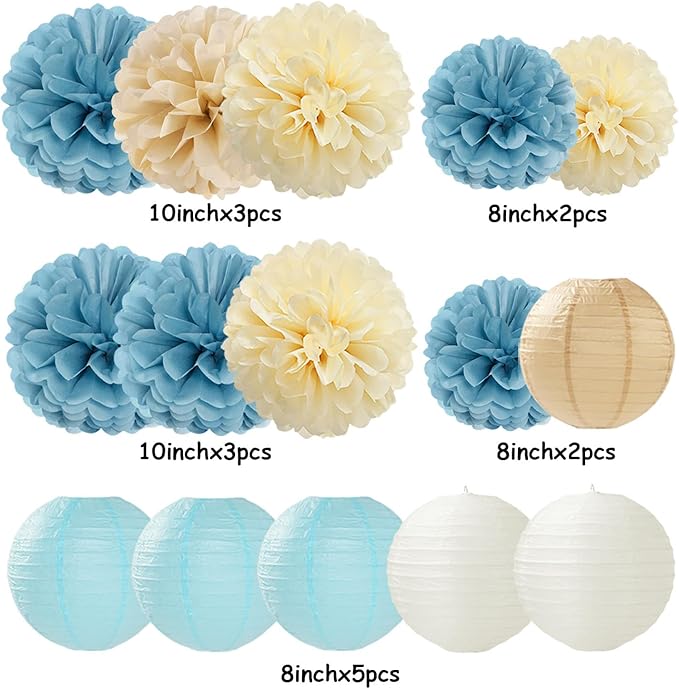 Dusty-Blue Champagne Party-Decorations Paper-Flowers Lanterns - 15pc Boho Beige Gold Tissue Pom Poms Streamers,Birthday Bachelorette Bridal Baby Shower Engagement Wedding Graduations Decor Panduola