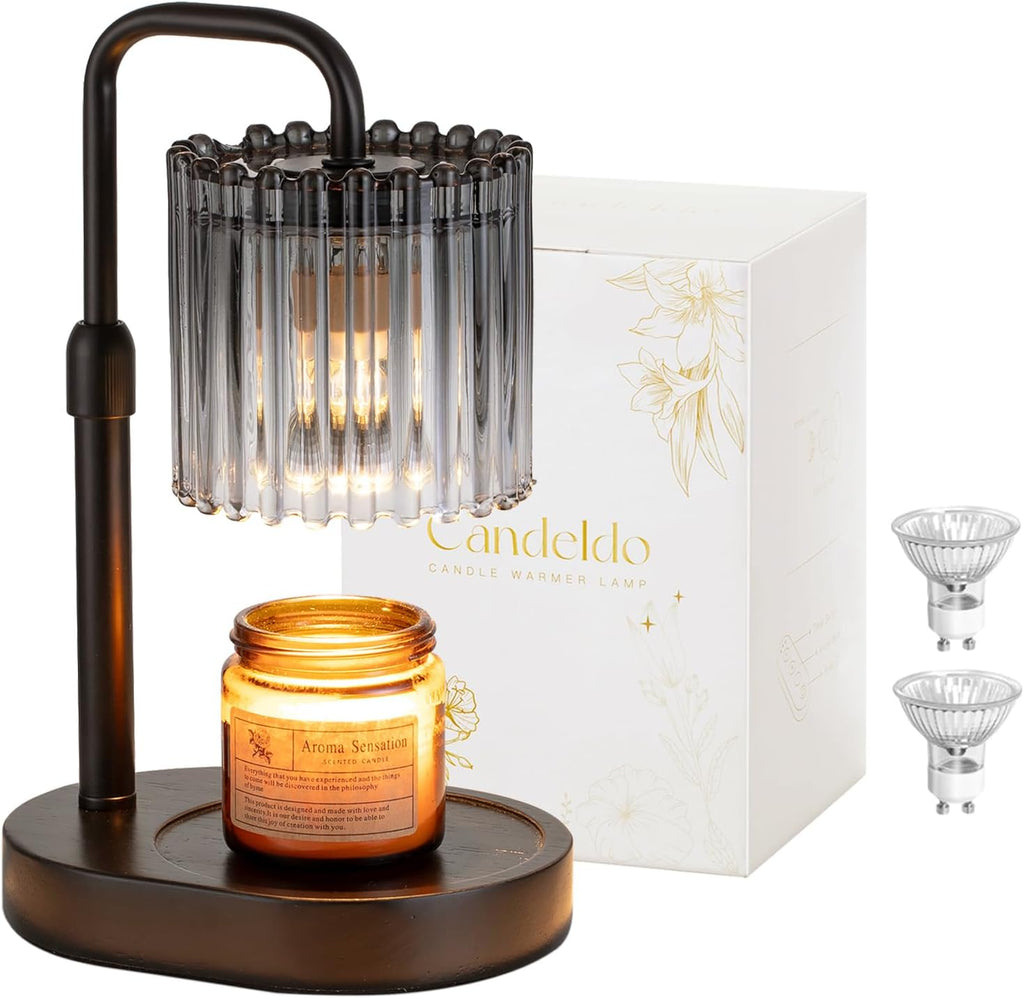 Candeldo Candle Warmer Lamp with Timer: Black Wax Melt Warmer | Height Adjustable, Dimmable, with 2 Bulbs, Modern Farmhouse Decor for Home, Bedroom, Gifts for Women, Birthday, Housewarming