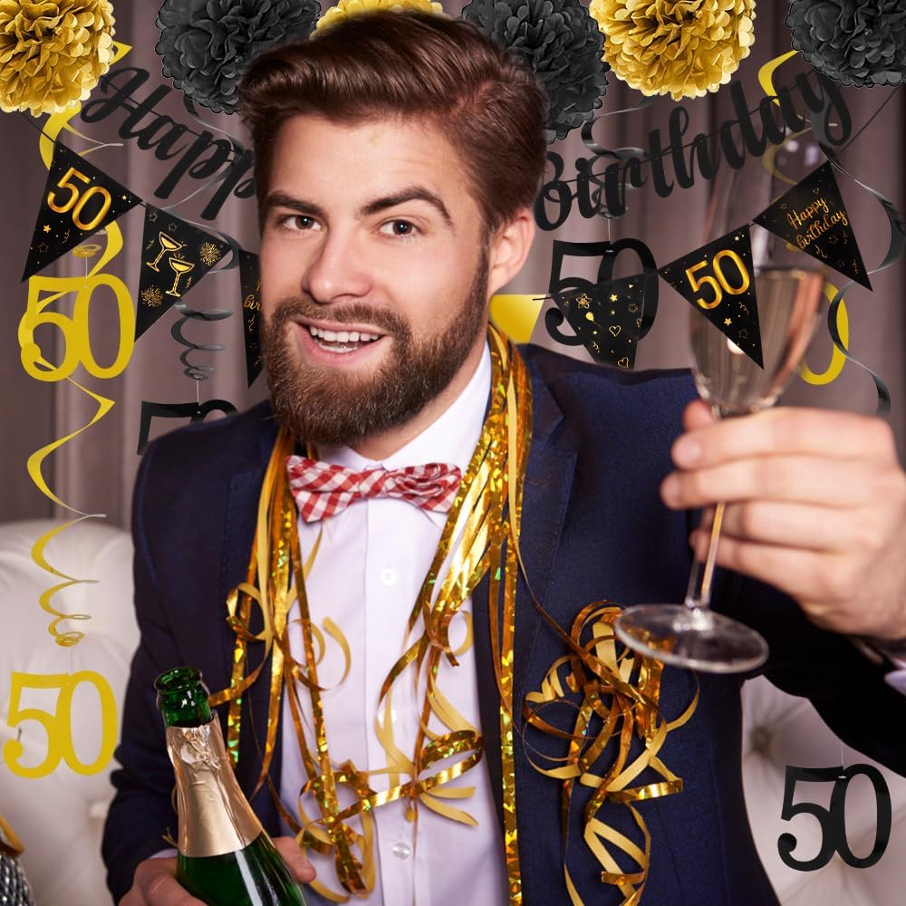 TOBATOBA 50th Birthday Decorations Kit for Men Women, Black Gold Happy 50th Birthday Banner, Triangle Flag Banner 50th Birthday Party Decorations, 50 Year Old Birthday Party Supplies