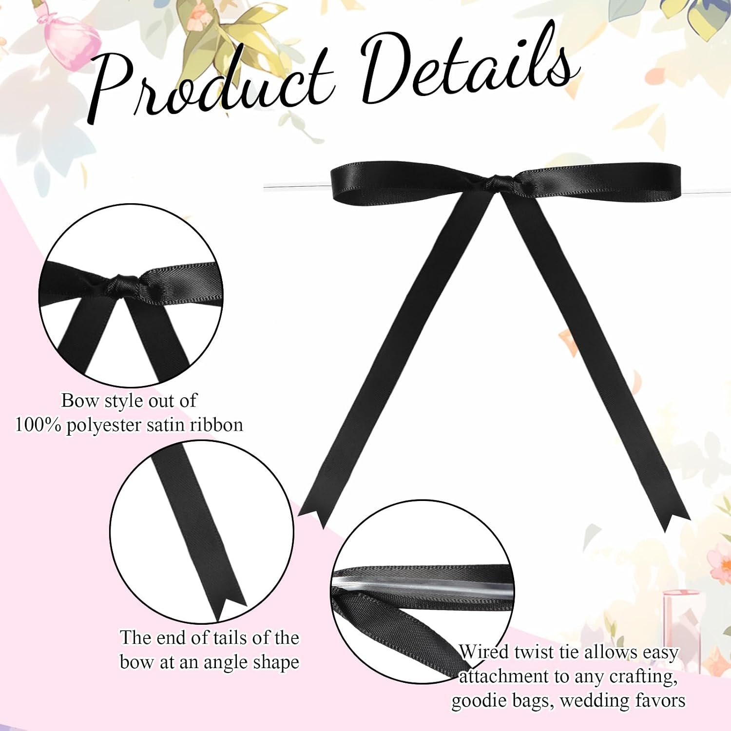Riceshoot 100 Pcs Twist Tie Bows Bulk 5x7 Inch Satin Ribbon Bows for Gift Wrapping Cake Treat Bags Craft DIY Wedding Baby Shower Birthday Party(Black)