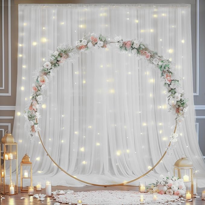 30×10ft White Tulle Backdrop Curtain with Lights String for Parties, Sheer Photo Backdrop Curtains for Wedding Party Photography Background