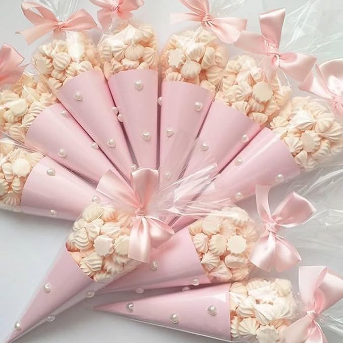 EKAPACKAGING 100Pcs 7x15 Inches Clear Cone Shaped Treat Cellophane Bags Twist Tie Triangle Christmas Party Favor Cotton Candy Bags With Ties For Popcorn, Chocolates, Ice Cream Cone
