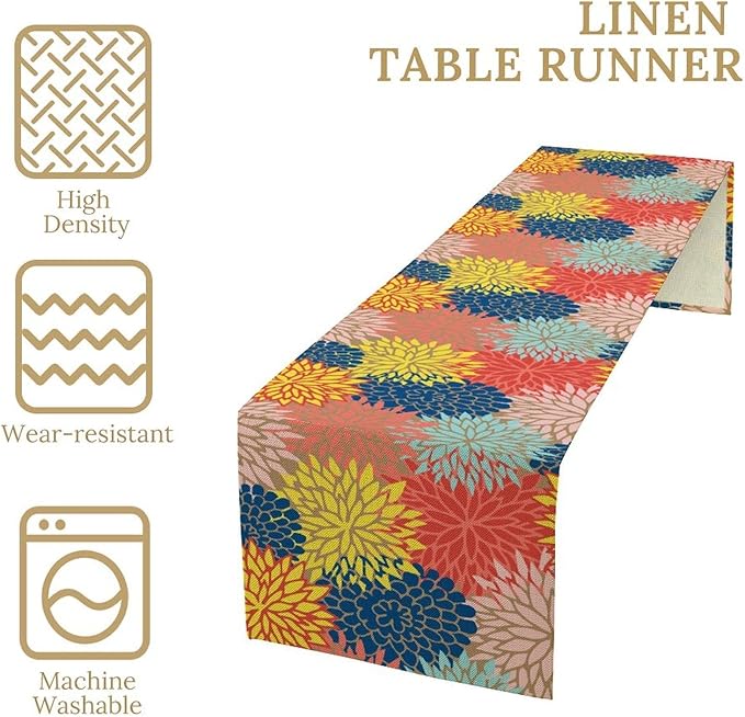 Dahlia Flowers Table Runner Colorful Floral Teal Grey Pink Yellow Blue Abstract Table Runner Kitchen Dining Party Decor Living Room, 13x90 Inch