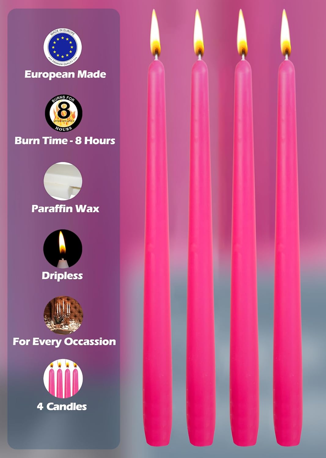 Hyoola Tall Taper Candles - 10 Inch Hot Pink Fuchsia Unscented Dripless Taper Candles - 8 Hour Burn Time - 4 Pack