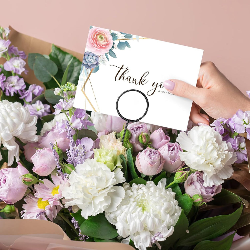 Hotop 30 Pcs Floral Card Holder Pick Metal Wire Flower Place Card Stick 13.4 in Picture Photo Memo Holder Round Floral Gift Stick Clip for Centerpiece Table Wedding Baby Shower Party Favor (Black)
