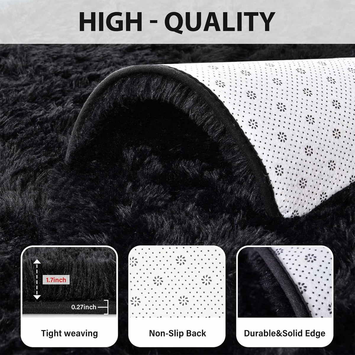 FinRèc Home 8x10 Non-Slip Fluffy Area Rugs for Living Room (Black)