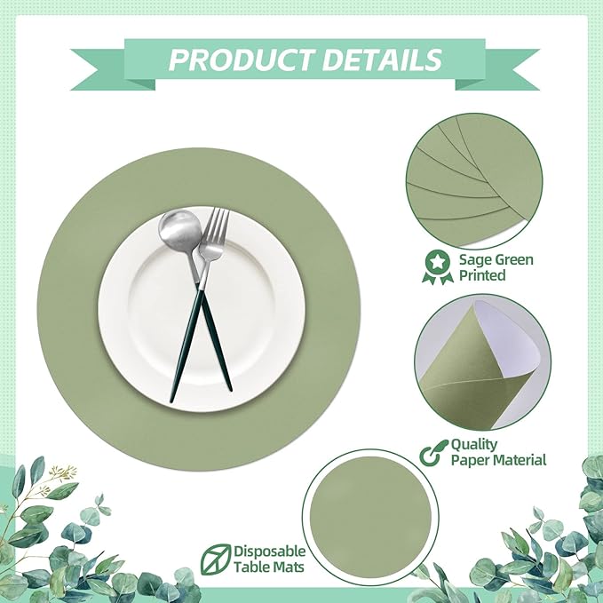 50 Pieces Sage Green Paper Place Mats Sage Round Disposable Table Mats Green Paper Doilies Decorative Placemats for Wedding Banquet Party Home Dining Tableware Decor