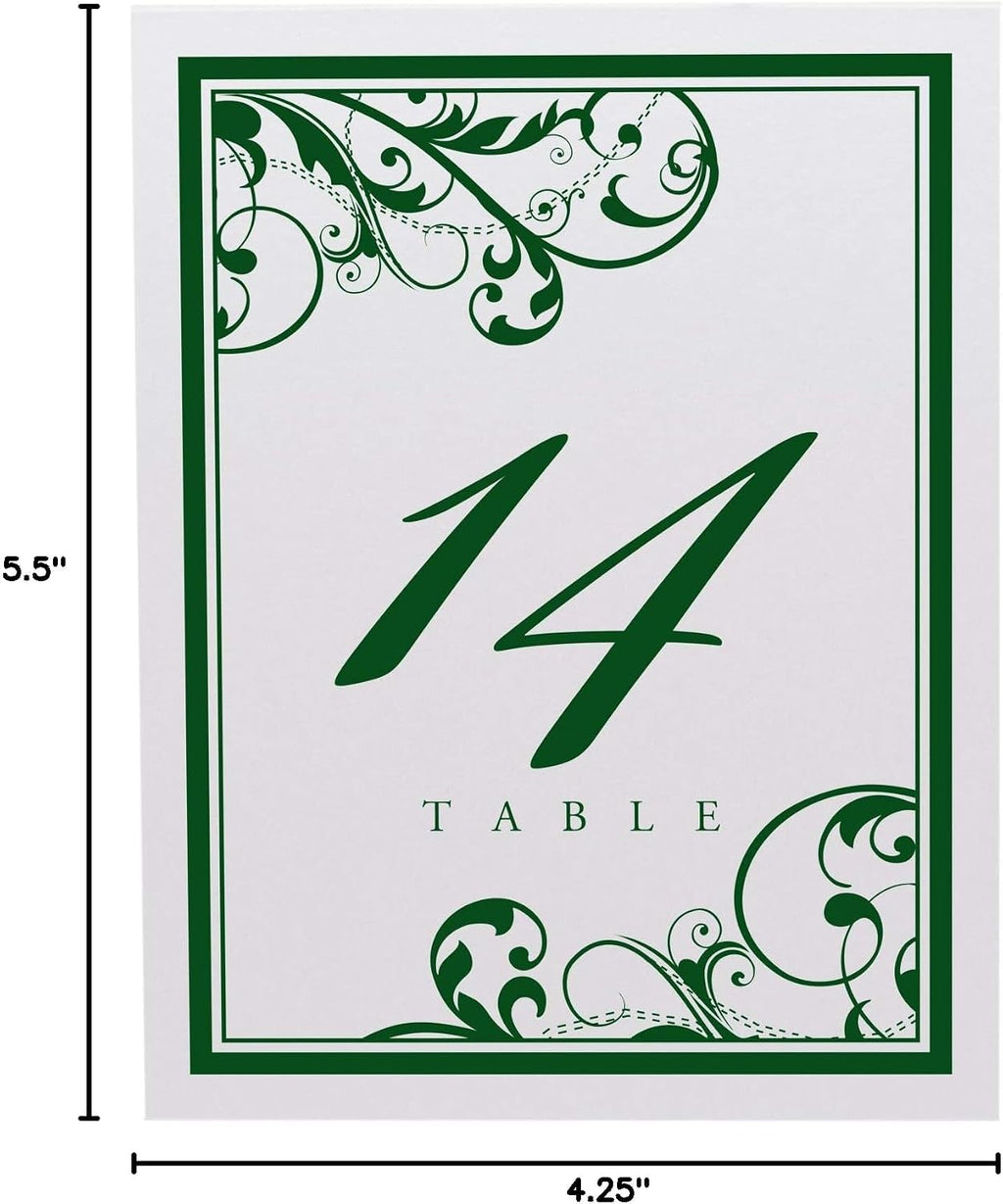 Scribble Vintage Swirl Table Numbers, Hunter Green, 1-125 | Double Sided Tent or For Use in a Stand - Wedding Receptions, Special Events, Parties, and Restaurants - Made in the USA