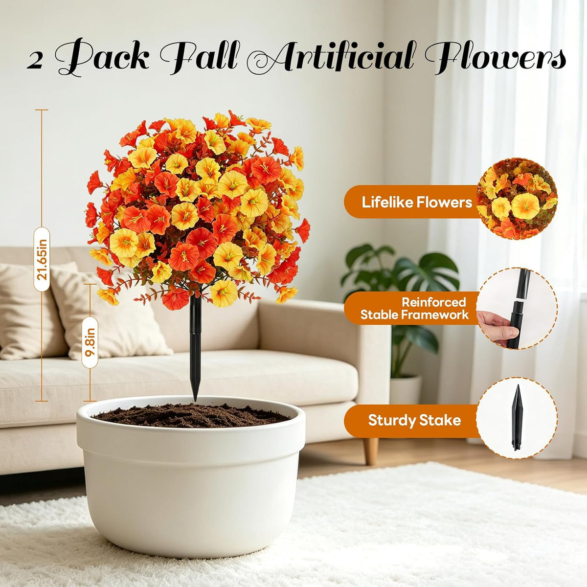 fall artificial flowers for outdoor, faux plants w/stakes shown in use