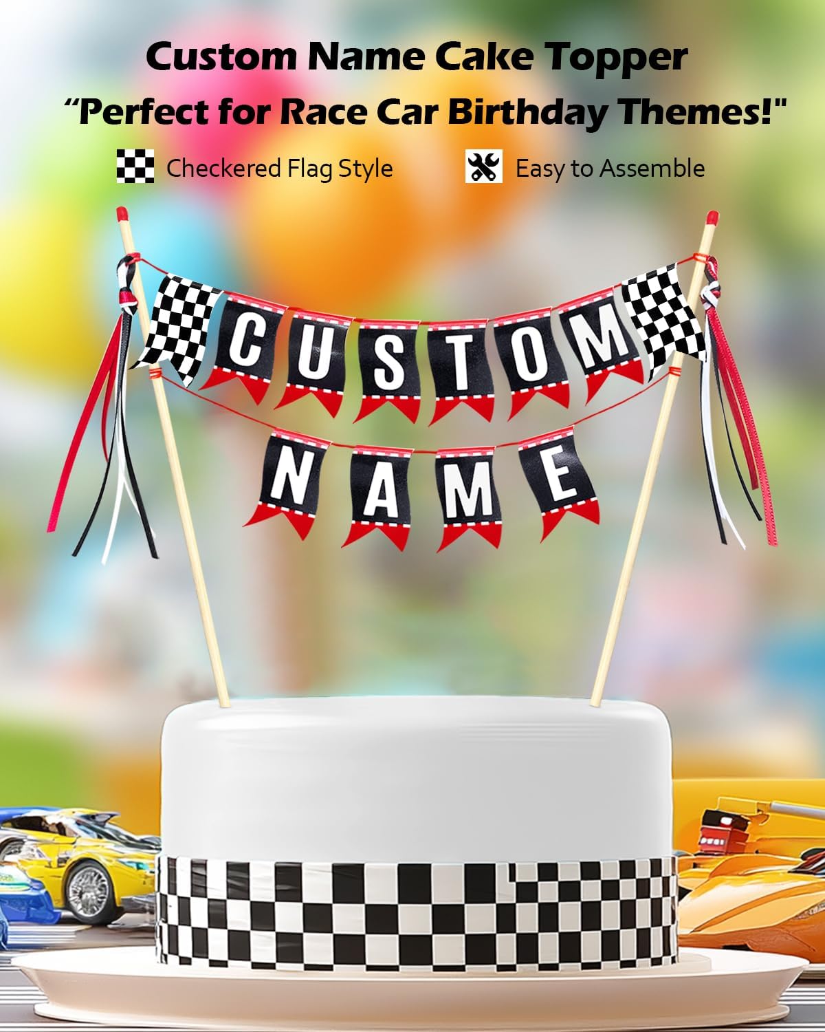 Race Car Cake Topper, Custom Name Race Car Birthday Cake Decorations, Race Car Party Decorations Checkered Flag Cake Banner