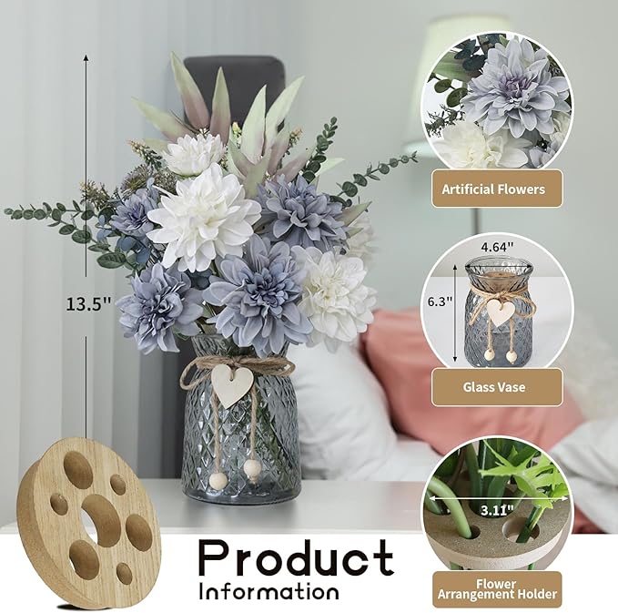 Fake Flowers in Vase,8 Dahlias,Silk Artificial Flowers in Vase,Centerpiece Table Decorations,Faux Flowers in Vase with a Flower Arrangement Holder
