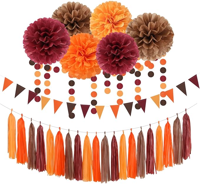 Boho Baby-Shower Burgundy-Brown Orange Party-Decorations - 23pcs Thanksgiving Fall Autumn Tissue Pom Poms Streamers,Neutral Birthday Rustic Wedding Bridal Engagement Tassel Garland Banner Ouruola