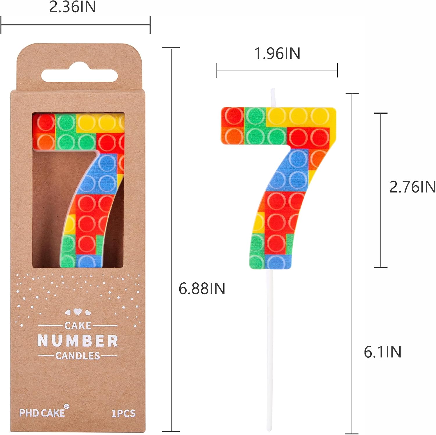 PHD CAKE Number 7 Building Block Birthday Cake Candle, Numeral Birthday Candles