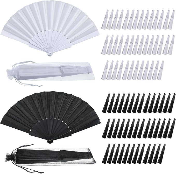Wenqik 80 Pcs Wedding Folding Hand Fans Bulk Silk Fabric Chinese Handheld Foldable Clack Fans with Plastic Ribs for Party, Wedding Gifts, Line Dancing, Home Decorative (Black,White)