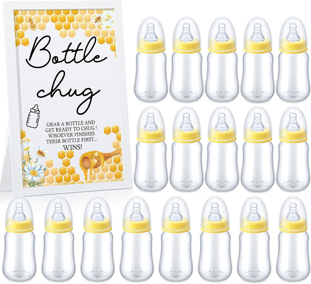 Roowest Bottle Chug Baby Shower Games Favors Including 18 Pcs Bottles with 1 Bottle Chug Wooden Sign for Gender Reveal Baby Shower Party Supplies(Yellow,Bee)