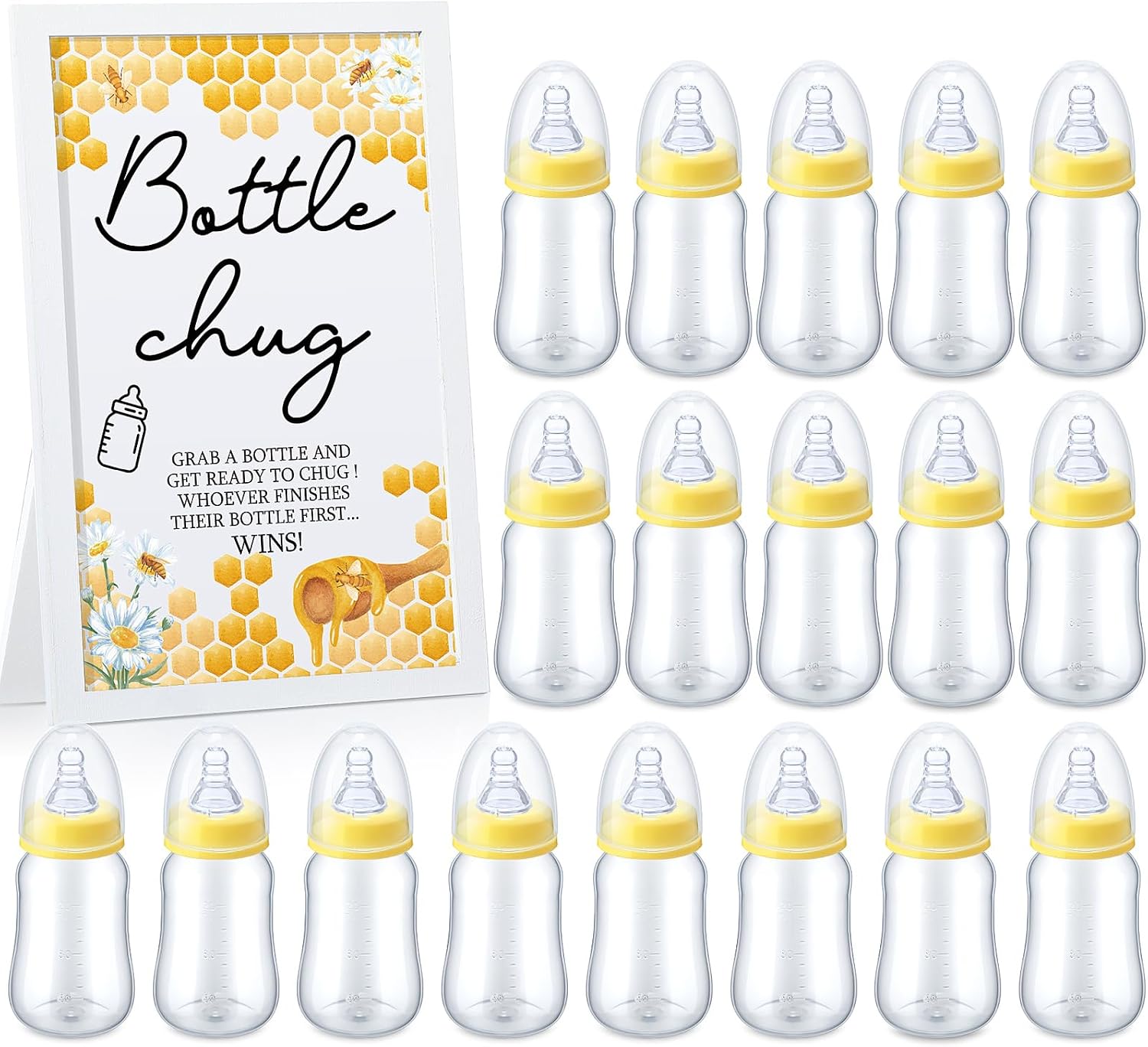 Roowest Bottle Chug Baby Shower Games Favors Including 18 Pcs Bottles with 1 Bottle Chug Wooden Sign for Gender Reveal Baby Shower Party Supplies(Yellow,Bee)