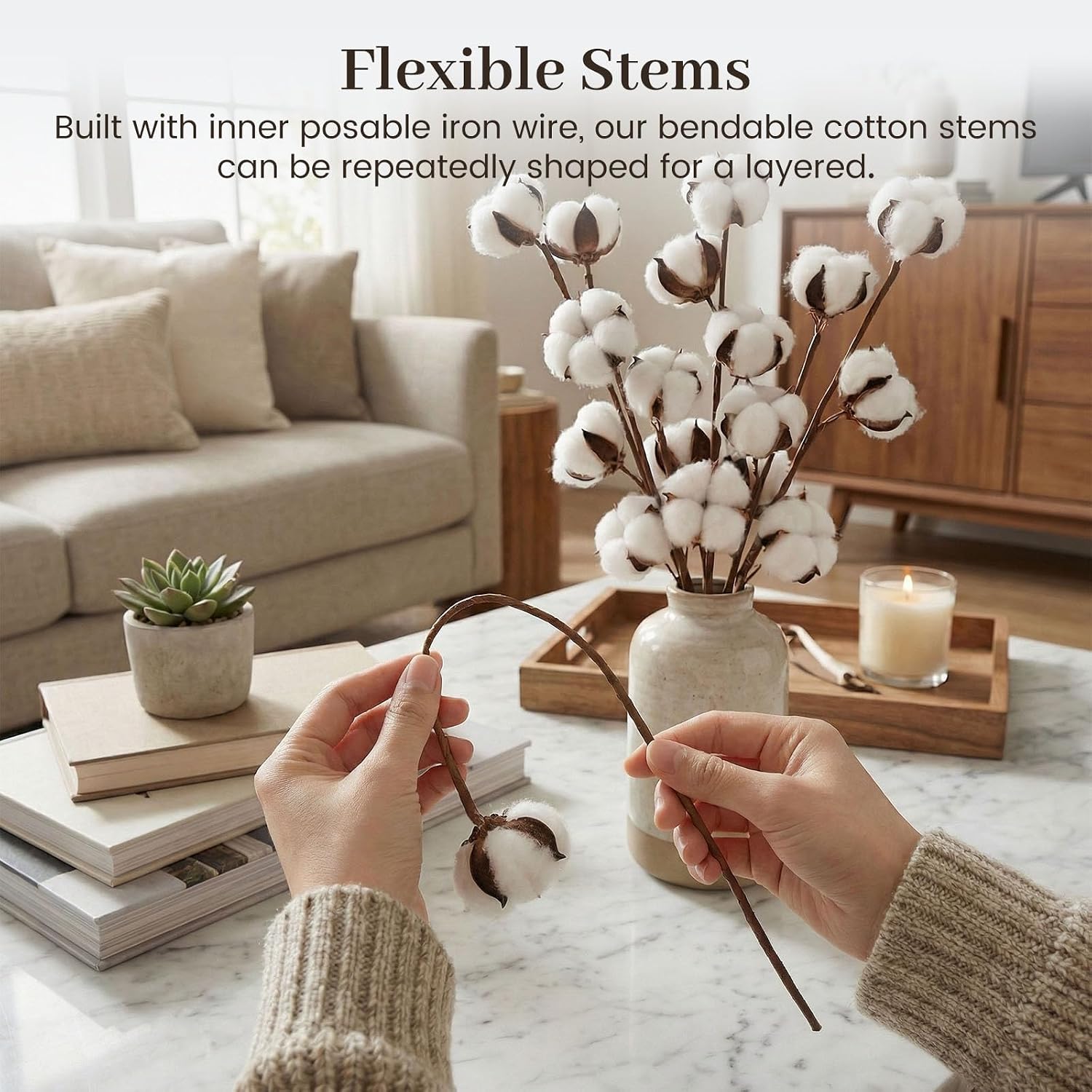 DomeStar Cotton Stems 8 Packs with 15 Bolls, Natural Dried Flowers Cotton Sprigs for Vase Fillers and Floral Arrangements - Fall Decorations and DIY Crafts