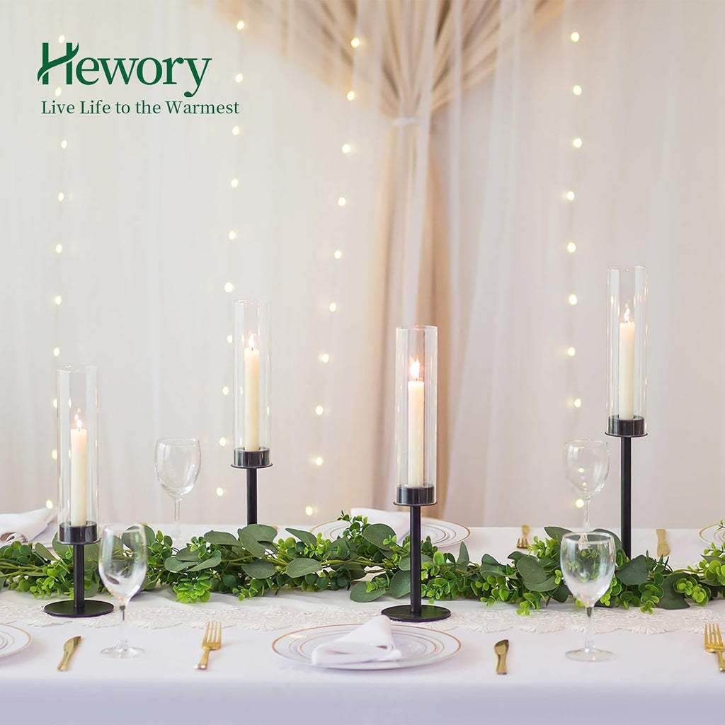 Hewory Black Candlestick Holders Hurricane Candle Holder, 3Pcs Candle Stick Candle Holder Candelabra, Taper Candle Holders with Glass Candle Cover for Wedding Table Centerpiece Christmas Decor