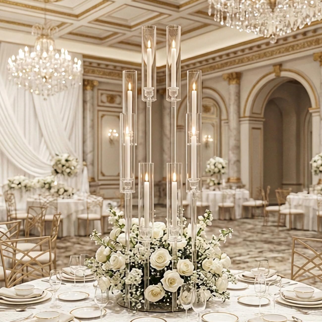 8PCS Acrylic Candelabra Wedding Centerpieces for Tables,38.5 Tall Clear Floor Candle Holder Set with Shade Pillar Taper Candle Stand for Anniversary Party Brithday candelabros para centros de mesa