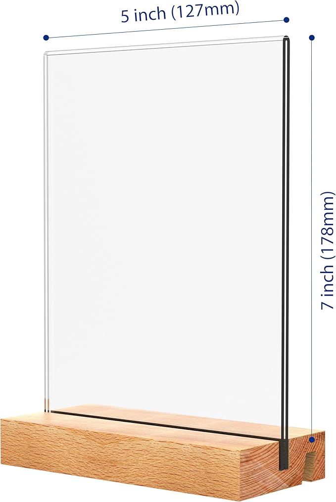 5x7 Inch Acrylic Sign Holder with Wood Base Vertical and Slant Displays(3 Pack 5*7")