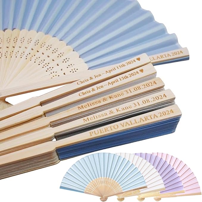 Personalized Engraved Light Blue Fans Folding Hand Fans 80 Pcs, Summer Wedding Fans, Custom Imitated Silk-Bamboo Fans for Guests Wedding Party Favor Bridal Shower Gifts Party Decoration