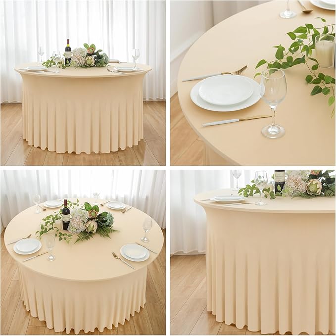 6 Pack Champagne Round Spandex Tablecloth 60 Inch, Wrinkle Free Stretch 120 Inch Fitted 5ft Champagne Table Cloths Round Table Covers with Ruffle Skirt for Party Wedding Banquet
