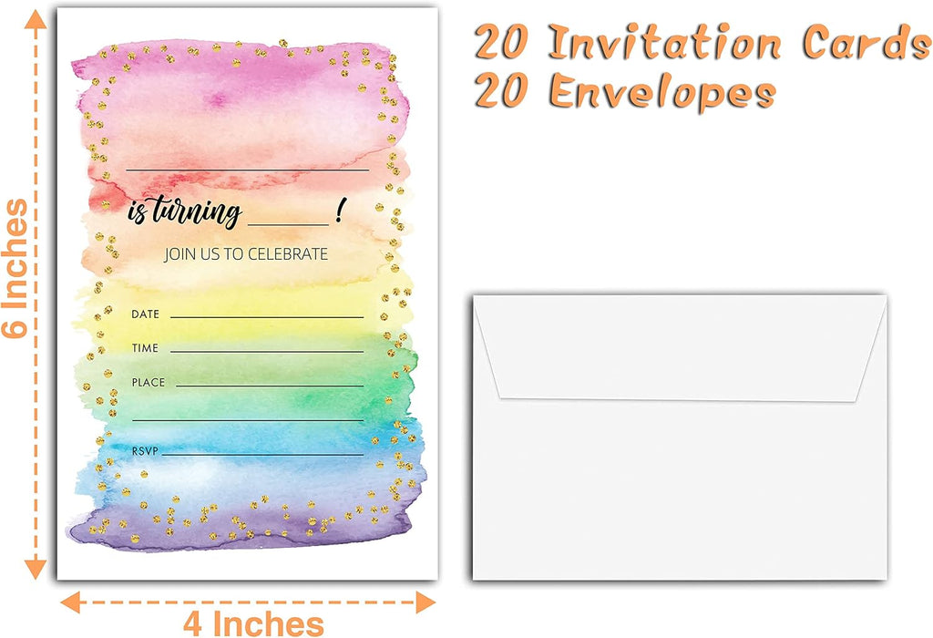 Colorful Rainbow Birthday Party Invitations, 20-Count Watercolor Rainbow Glitter Birthday Party Invites With Envelopes-HBYQK-B59