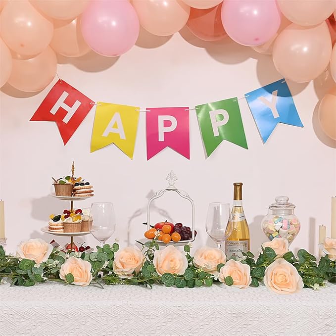 Dolicer 2Pcs 13Ft Artificial Eucalyptus Garlands with Flowers - 8 Roses, Faux Floral Greenery Garlands Fake Flowers Vines for Wedding Table Centerpieces Arch Party Ceremony Backdrop Decor (Champagne)