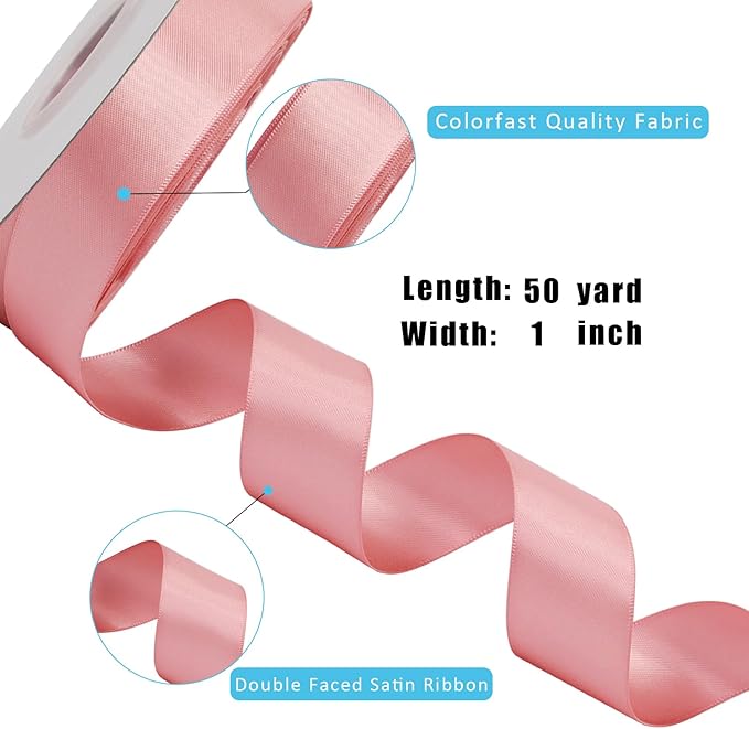 LaRibbons 1 Inch 50 Yard Double Faced Satin Ribbon,Dust Pink Satin Craft Fabric Ribbon for Gift Wrapping Floral Bouquets Wedding Party Decoration