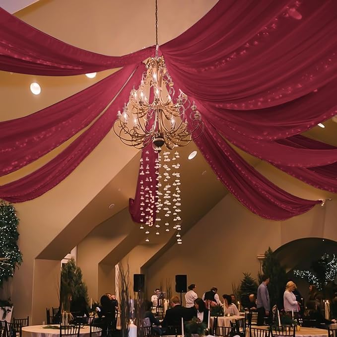 6 Panels Burgundy Wedding Ceiling Drapes 5ftx30ft Ceiling Drapes Chiffon Fabric Arch Draping Sheer Curtains Soft Drapery Draping Wedding Ceiling Decorations for Party Ceremony Stage Swag