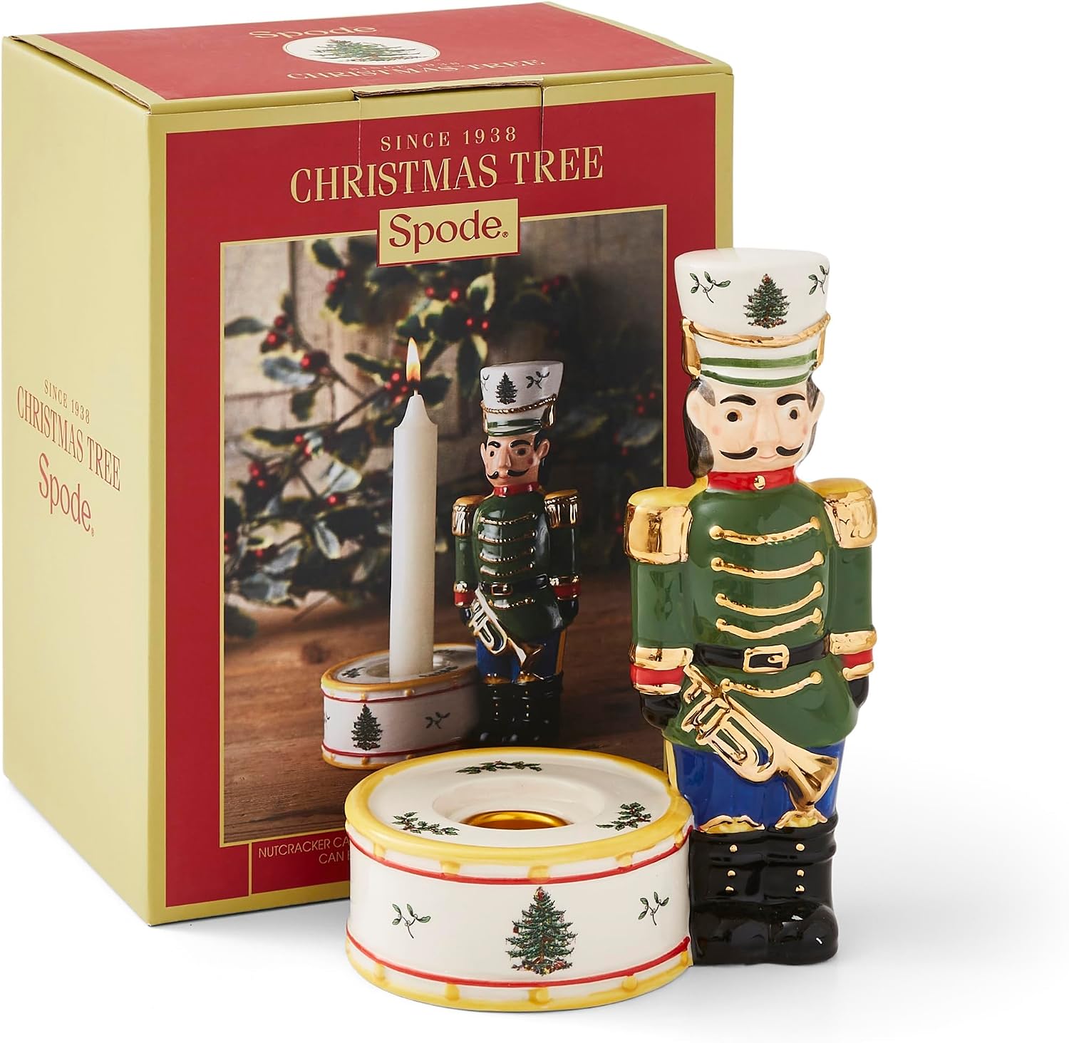 Spode Christmas Tree Nutcracker Candle Holder, 7" Festive Holiday Decoration - Christmas Traditions Home Decor, Earthenware Candle Holder for Tealight Candles - Unique Christmas Centerpiece (Green)
