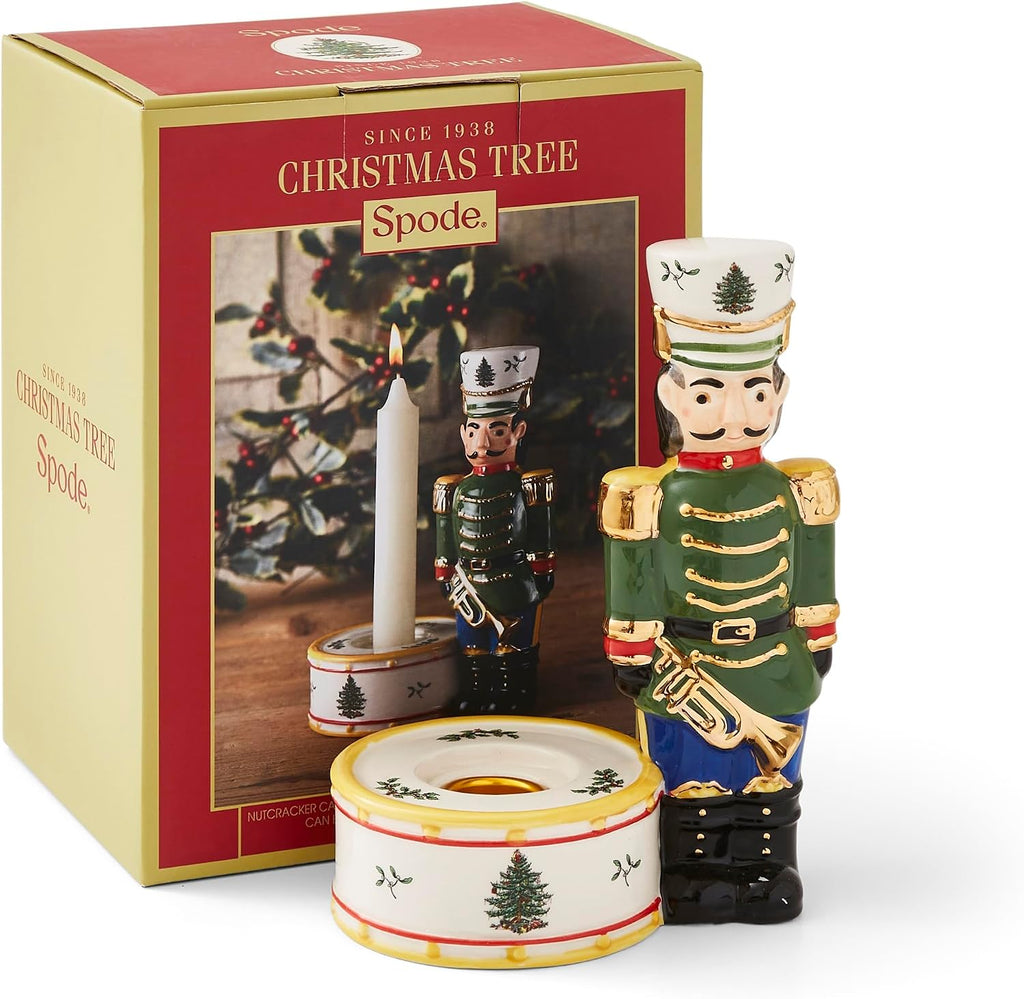 Spode Christmas Tree Nutcracker Candle Holder, 7" Festive Holiday Decoration - Christmas Traditions Home Decor, Earthenware Candle Holder for Tealight Candles - Unique Christmas Centerpiece (Green)