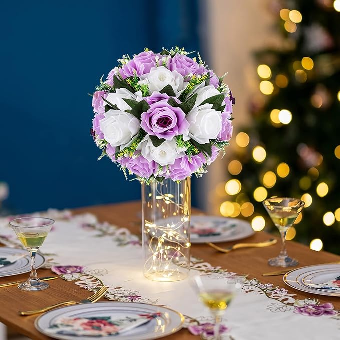 BLOSMON Lilac Purple Flowers Artificial: 2 Pcs Fake Roses Flower Balls Centerpiece for Wedding Table Decoration- Artificial Silk Kissing Bouquet Floral Arrangement for Home Party Event Decor