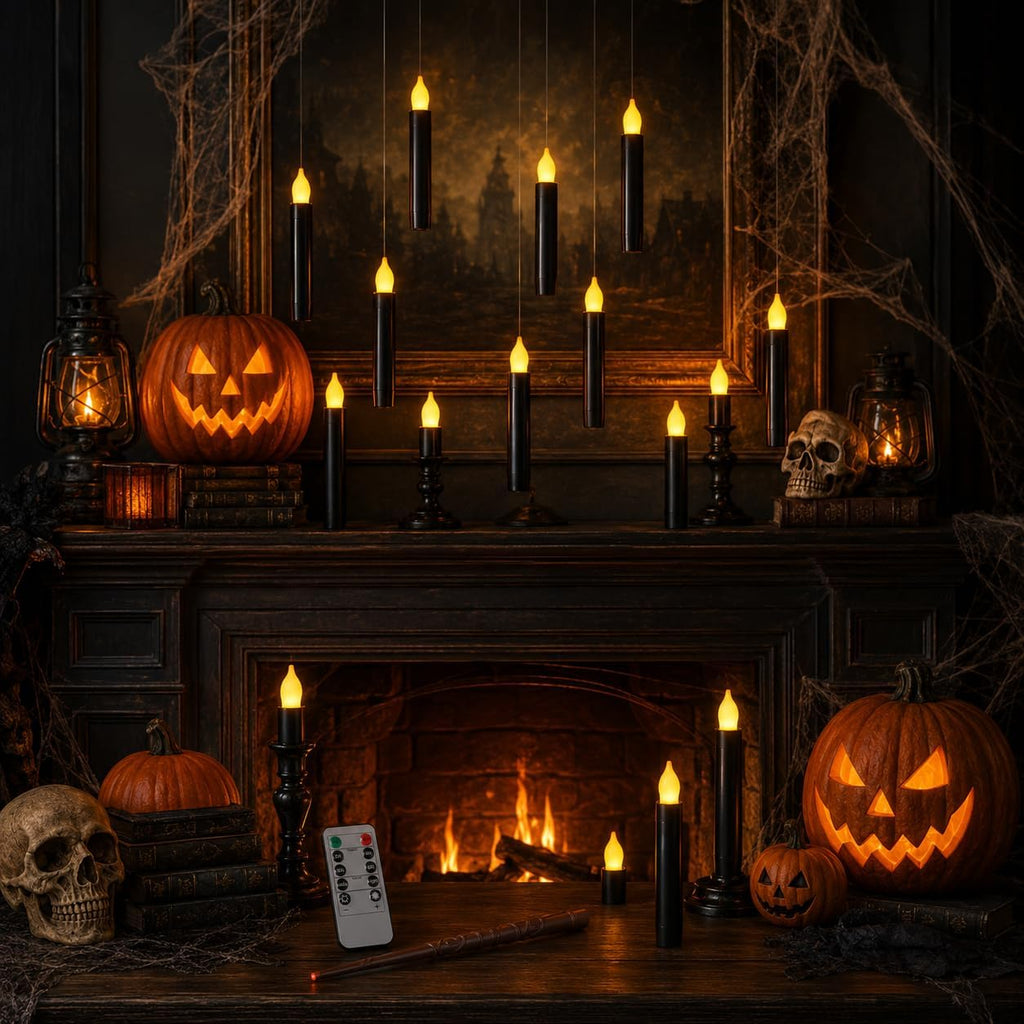 Lezonic 12Pcs Floating Candles with Wand and Remote, Magic Black Flameless Candles Battery Operated, Flikering Hanging LED Taper Candlesticks Halloween Decorations, 0.8" x 6"