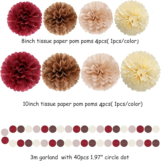 Brown Burgundy Champagne-Gold Party-Decorations - 30pcs Rustic Boho Wedding Tissue Pom-Poms Streamers ,Fall Autumn Tassel Garland Banner,Birthday Baby Bridal Shower Engagement Decor Lasting Surprise