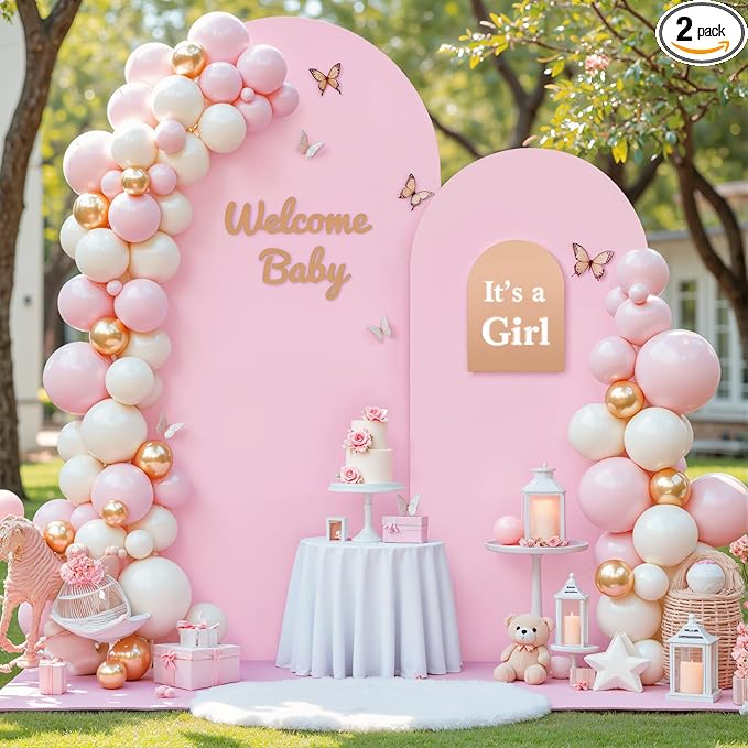 7.2FT 6FT Arch Backdrop Cover for Wedding, Set of 2 Stretchy Spandex Fitted Arch Stand Cover for Baby Shower, Birthday Party Decor, Chiara Backdrop Cover with Double-Sided Design(Pink)