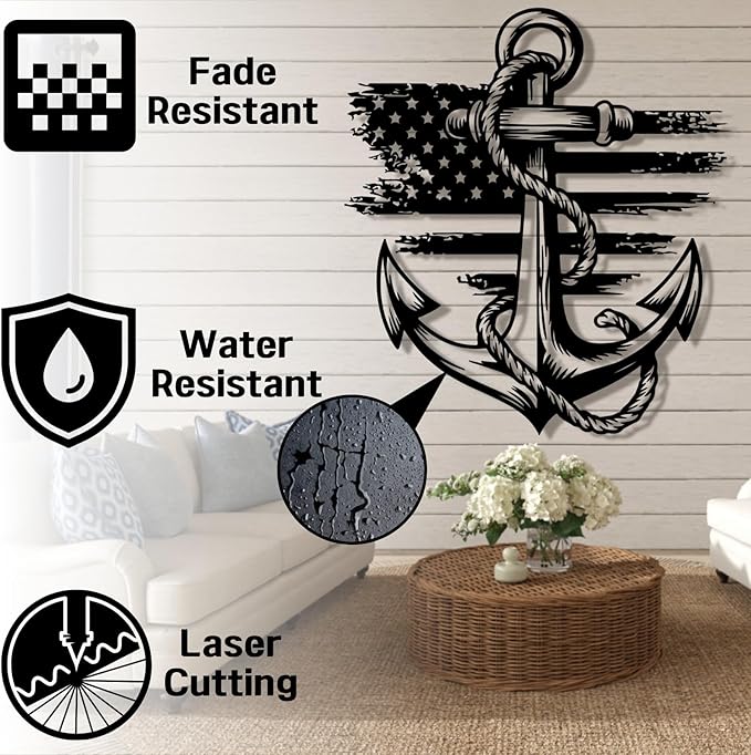 lunwall Metal Anchor Wall Decor, Anchor Metal Sign, Metal Anchor Decor, Anchor Metal Wall Art, Metal Nautical Wall Decor, Metal Wall Decor Coastal, Anchor Wall Decor (white, 47L x 43W / 120 x 109 cm)