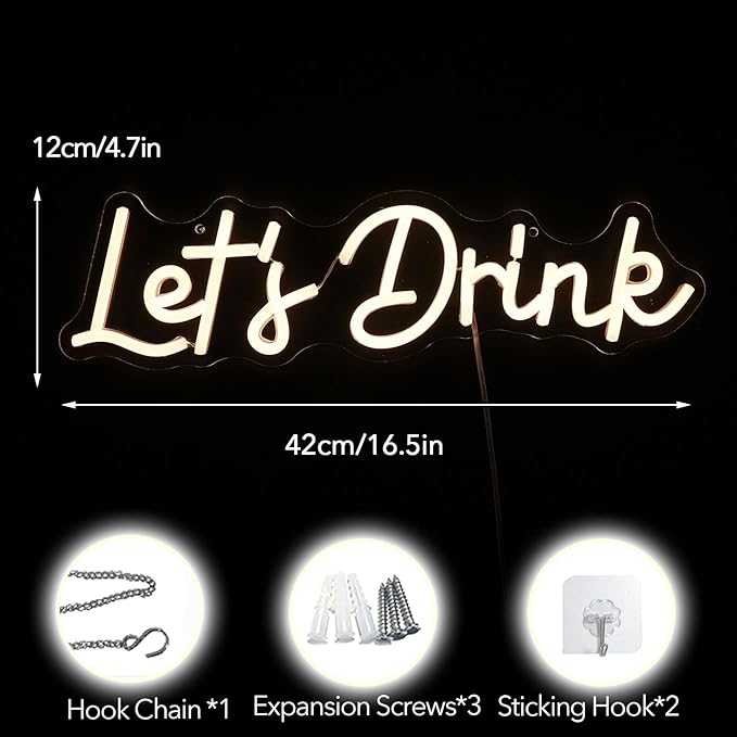 Let's Drink Neon Sign,Bar Neon Sign For Wall Decor,Warm White Led Signs Usb Powered,Living Room Decor, For Adult Boys Girls Bedroom Restaurant Hotel Party Birthday(16.5x4.7in)