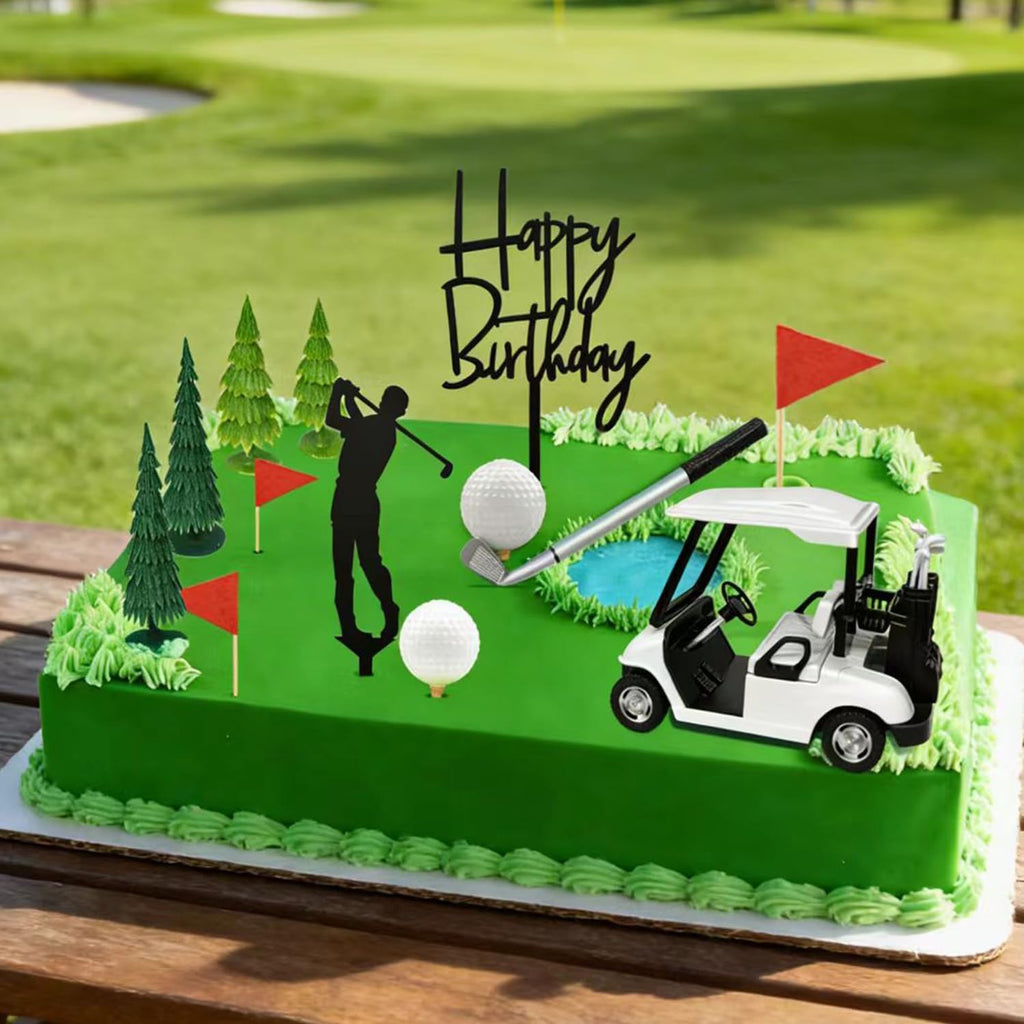 15Pcs Golf Theme Cake Topper Decorations Happy Birthday Cake Decorations with Golf clubs, Mini Cart, Ball, Green Tree, Red Flag Cupcake Topper for Birthday, Father's Day Party Decor Supplies