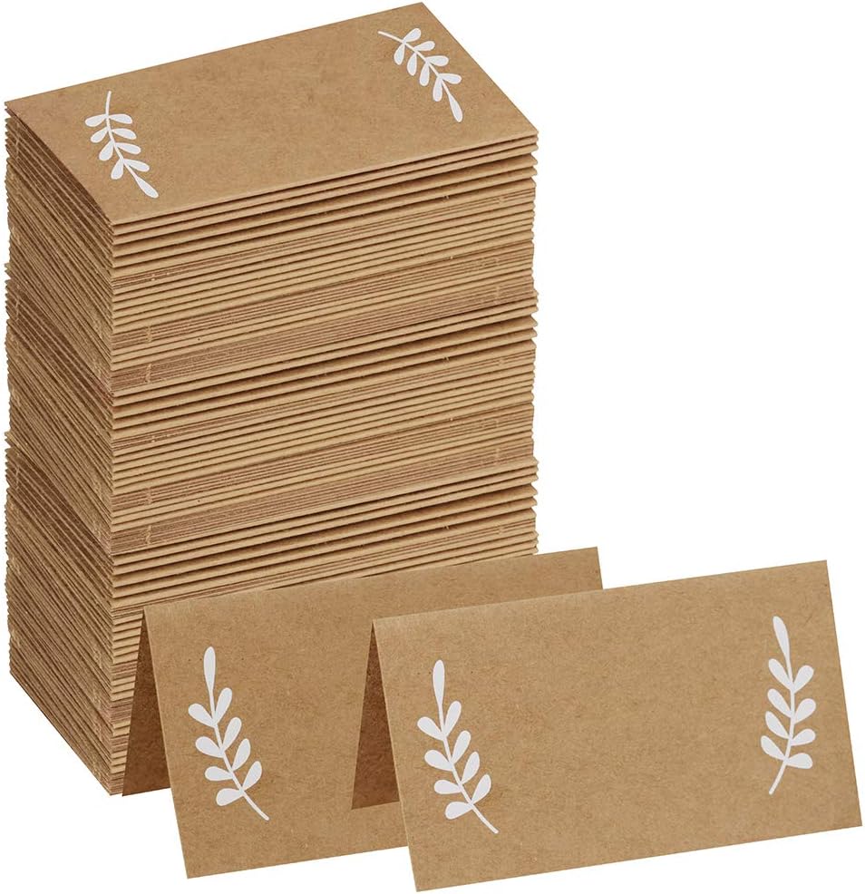 Supla 100 Pcs Place Cards with White Laurel Leaves Kraft Paper Cards Rustic Wedding Table Name Number Blank Table Tent Cards Table Name Tags Table Card Seating Cards Buffet Table Cards