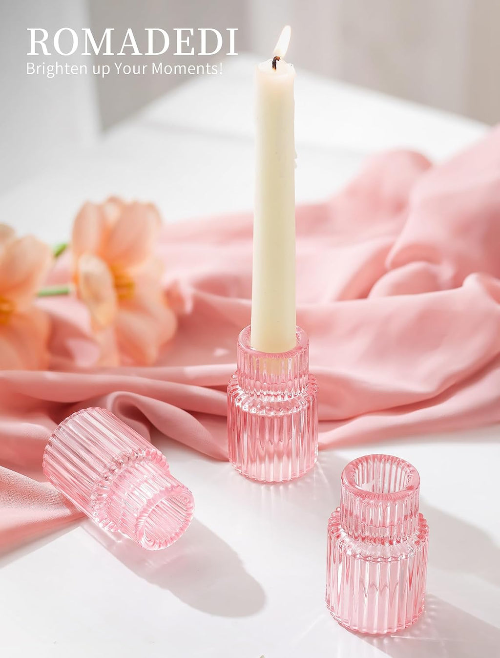 Romadedi Pink Glass Candle Holders - Set of 2 Ribbed Candlestick Holder for Table Centerpiece Elegant Taper Holder for Wedding Birthday Party Baby Showers Valentines Mother's Day Christmas