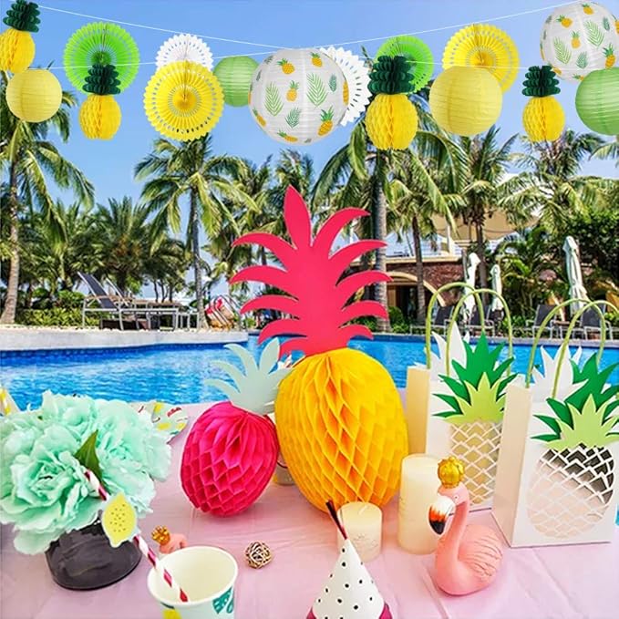 Pineapple Party Decorations Hanging Paper Lanterns Pineapple Honeycomb Tissue Paper Fans for Hawaiian Tropical Birthday Luau Party Decorations Summer Decor (Yellow)